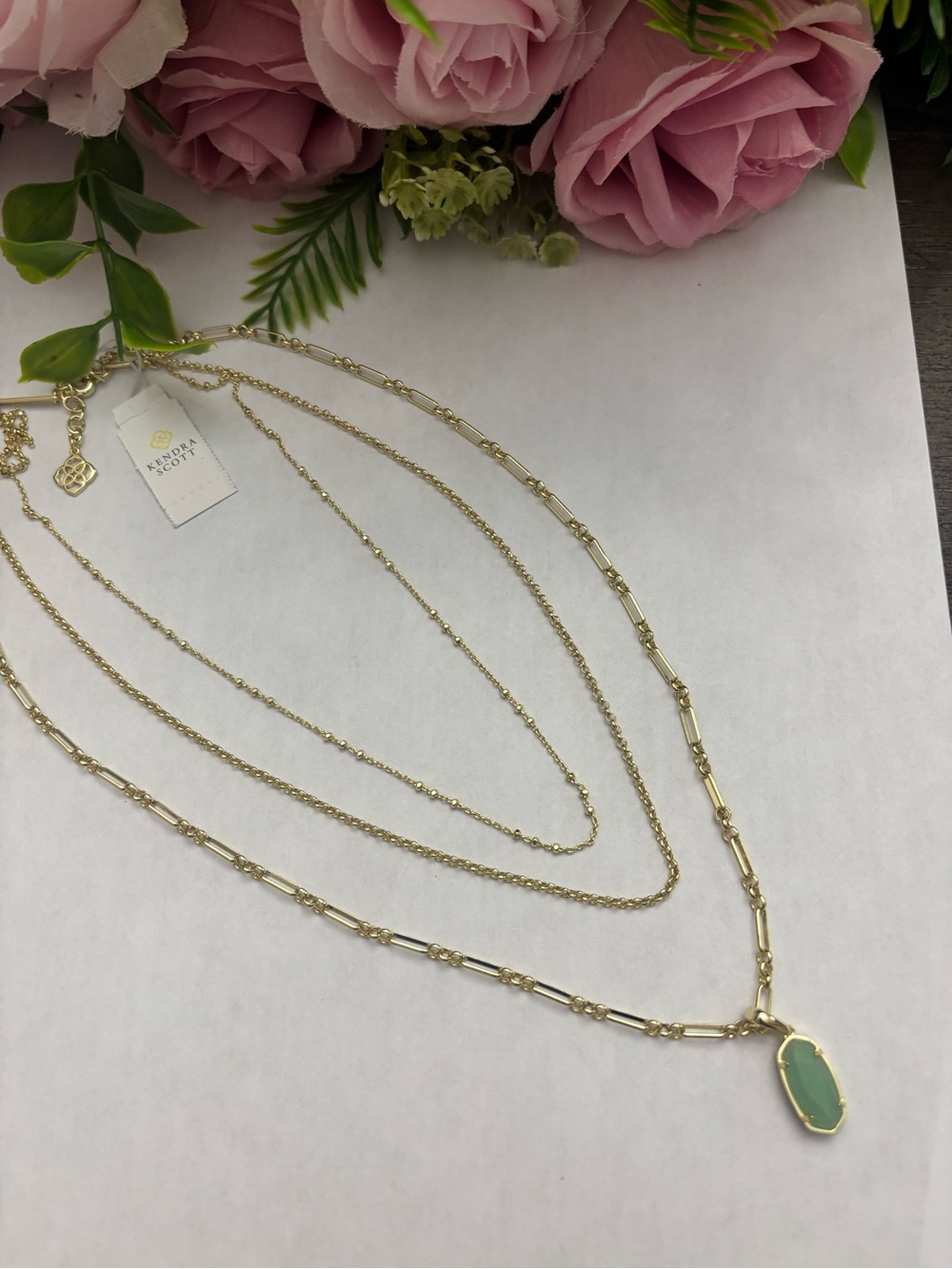 NWT Kendra Scott Elisa Triple Strand Necklace - Gold Matte Iridescent Mint - Picture 6 of 9